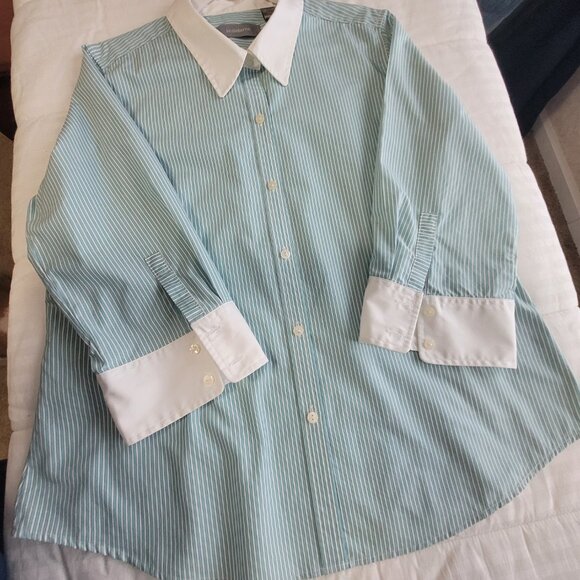 Teal Blue & White Pin Stripe Blouse XL Liz Claiborne - Picture 12 of 16